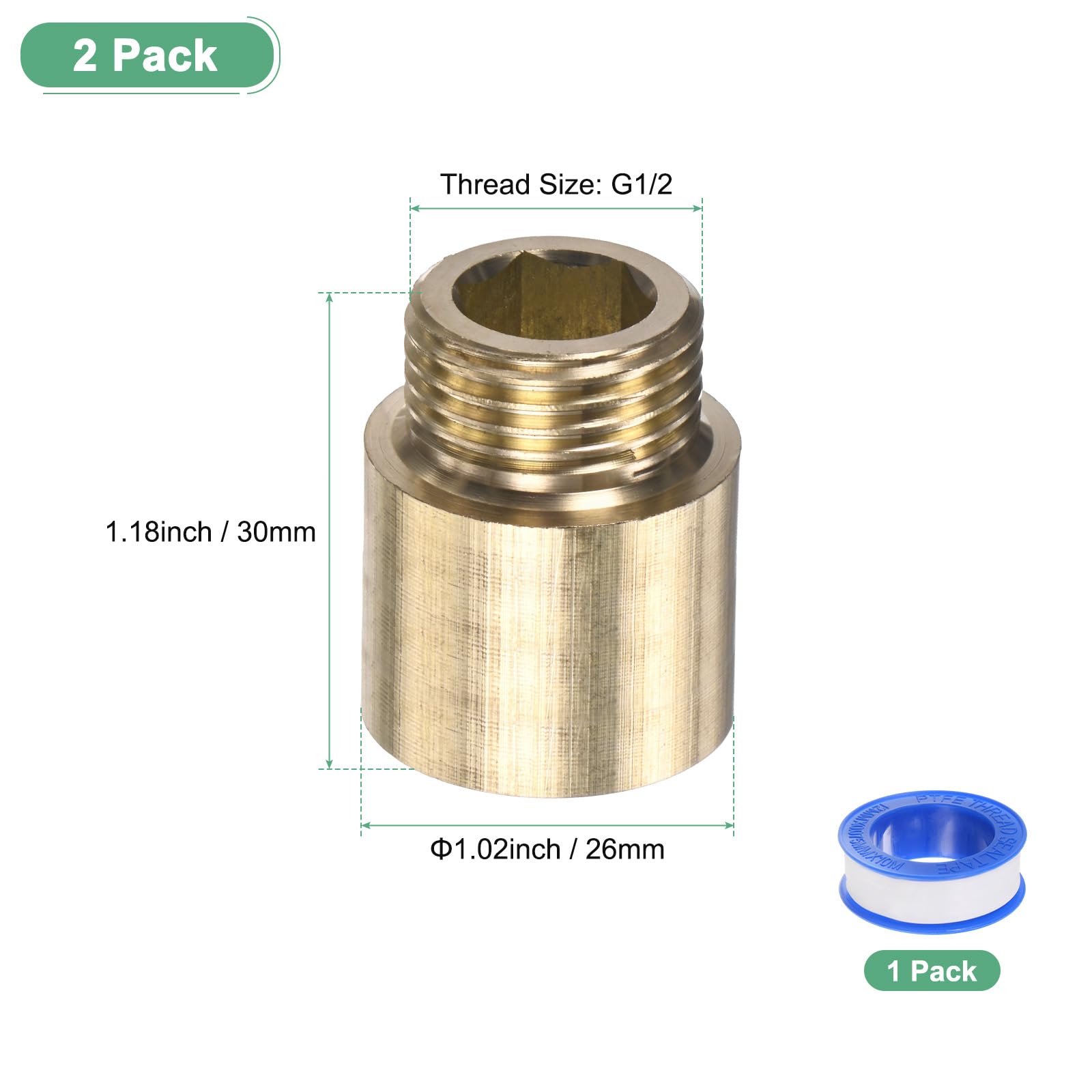 M METERXITY 1-Set Shower Head Extension Arm, Brass G1/2 Male to Female Extension Pipe Fitting Adapter with PTFE Thread Seal Tape for Shower/Faucet, Pipe Plumbing Coupler 1.18"/30mm 3pcs - Image 3