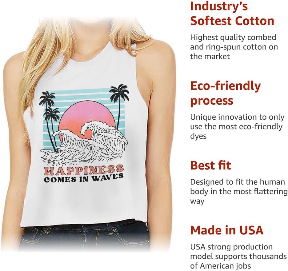 Happiness Comes in Waves Racerback Cropped Tank - Print Women's Tank - Wave Tank Top