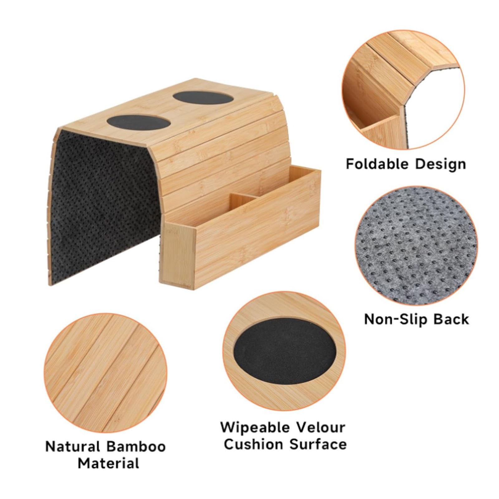 Sofá Bandeja Mesa, Bandeja Plegable de bambú for Brazo de sofá, 2 Posavasos de Almacenamiento, Color Negro de Madera for Bebidas, Aperitivos, Mando a Distancia mag(Black)