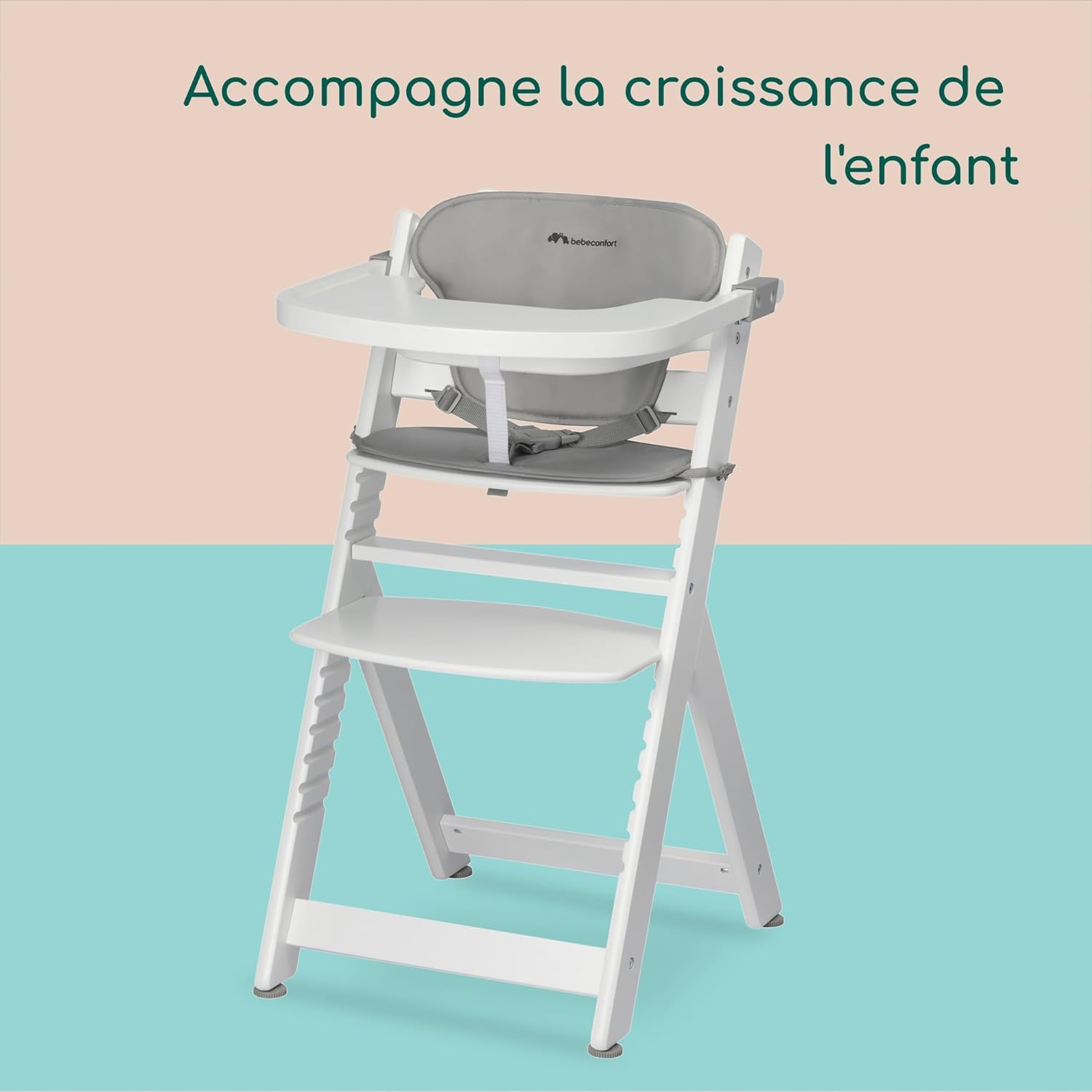 Bebeconfort Timba + Coussin, Chaise Haute Bébé Evolutive, 6 Mois - 99 Ans, Jusqu'à 110 kg, Plateau Amovible, Assise/Repose-pieds Réglables, Compatible avec Timba Baby, White + Gray Mist