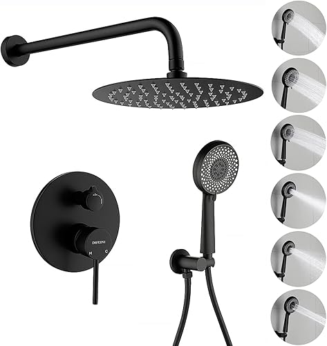 DIFEINI Sistema de ducha negro mate, juego de grifo de ducha con cabezal de ducha de acero inoxidable de 10 pulgadas, juego de ducha con kit de