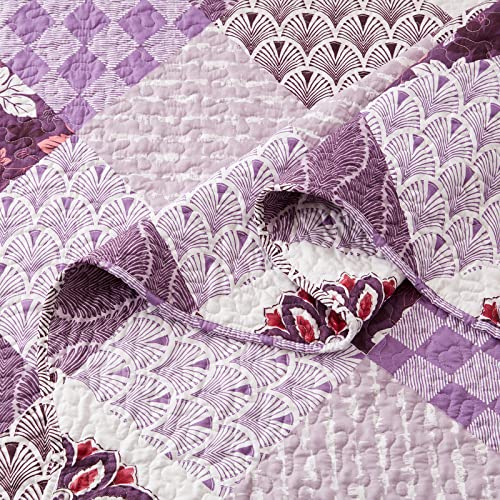 King Size Quilt Set 3 Pieces Lightweight Reversible Bedspread-98''x106'' Soft Patchwork Floral Coverlet Luxurious Warm Microfiber Bed Cover All Seasons Purple Bedding Set(1 Quilt,2 Pillow Shams)