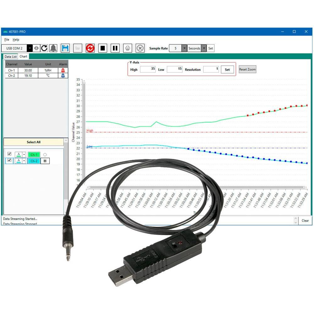 Extech 407001-PRO Datenerfassungssoftware und USB-Kabel | Live-Datenübertragung von Extech-Messgeräten zum PC, Datenlogging, Speicherung, USB-Kabel, Software