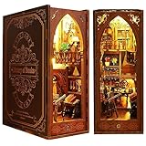 ISSEVE DIY Book Nook Kit, 3D Wooden Puzzle DIY Miniature House Kit for Book Nook Shelf Insert Decoration, Magic Book House Stand Bookshelf Dollhouse for Adults with Sensor Light (Library of Books)