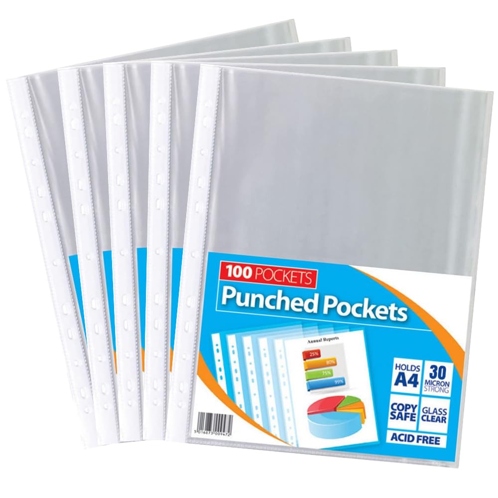 1ABOVE 30 Micron 500Pack A4 Glass Clear Plastic Wallets Punched Poly Pocket Paper Document Files