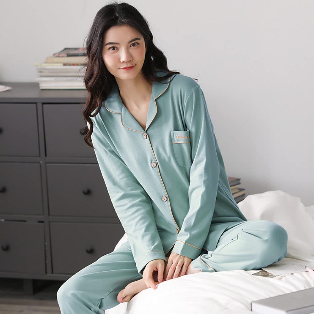 Manga Larga Pijama De Mujer De Dos Piezas,Conjunto De Pijamas para Mujer con Cuello De Muesca Manga Larga con Botones De Algodón Pijamas Azul Agua Mujer Otoño Invierno Pijamas Pa