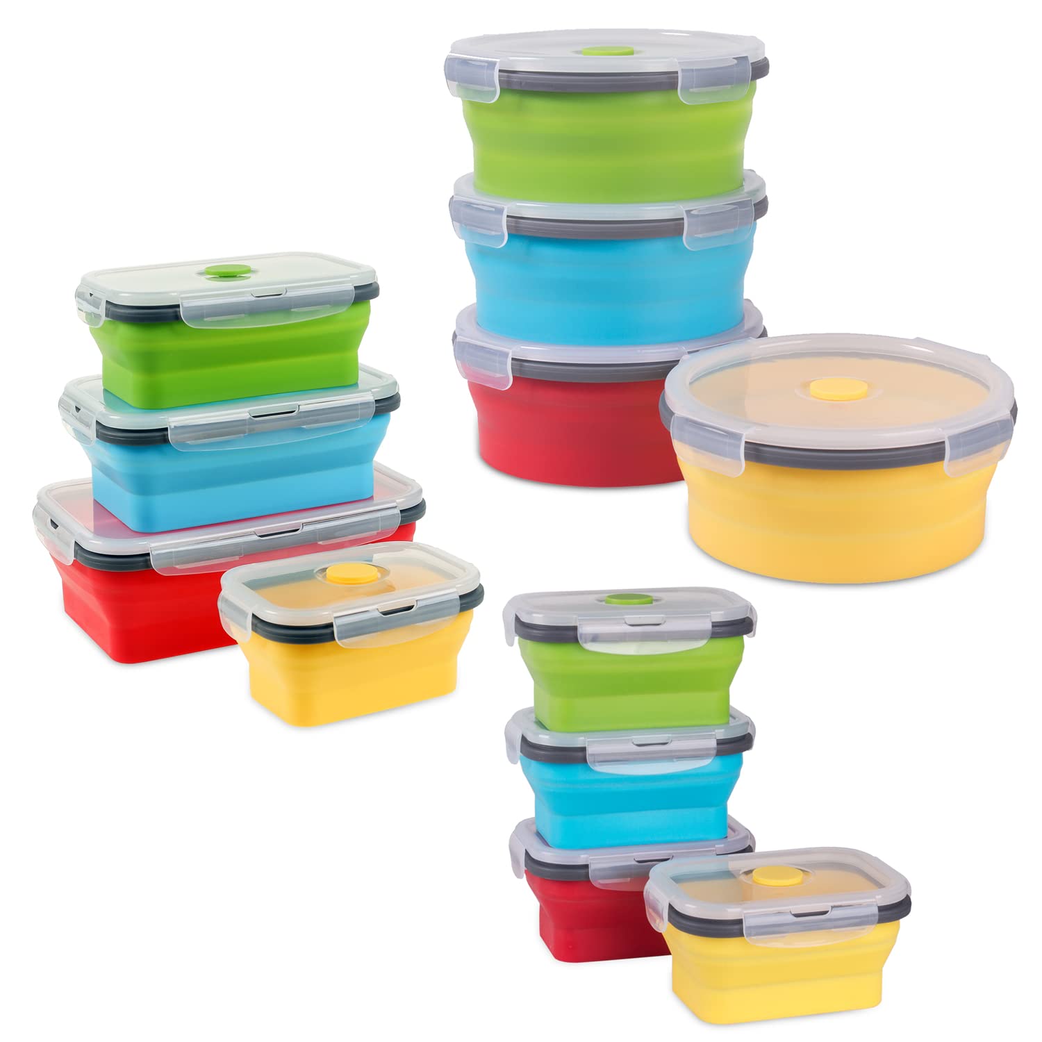 Annaklin Collapsible Food Storage Containers with Lid, Bundle of 12 Pack, Kitchen Stacking Silicone Collapsible Meal Prep Container Set for Leftover, Microwave Freezer Dishwasher Safe, 4 Colors