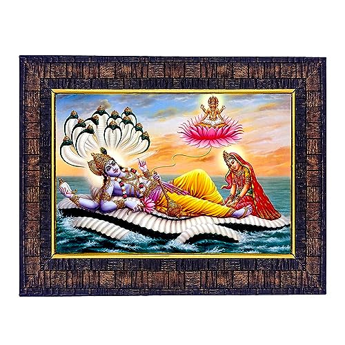 Image of Hawai Vishnu Bhagwan and Maa Lakshmi Photo with Engineered Wood Wall Hanging Home Decor Religious Rectangular Photo Frame for Worship, Pooja Room, Home Office, 8.5X7 inch, BLKFRM451