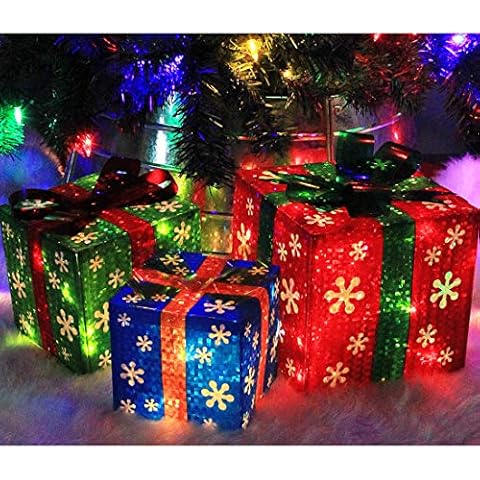 ATDAWN Set of 3 Lighted Gift Boxes Christmas Decorations, Red Green and Blue Present Boxes, Christmas Home Gift Box Decor Cover