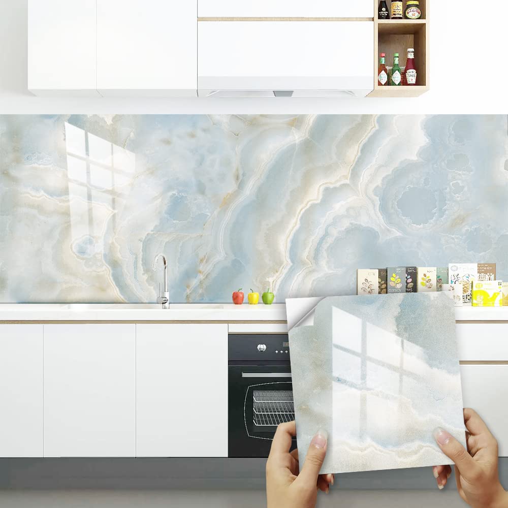 Kinde Tile Stickers Duck Egg Blue Peel and Stick Floor Tiles PVC Stick on Bathroom Tiles Waterproof Wall Tile Stickers Kitchen Stick on Tiles Oilproof Stick-on Tiles Self Adhesive 10x10cm/10 Pcs