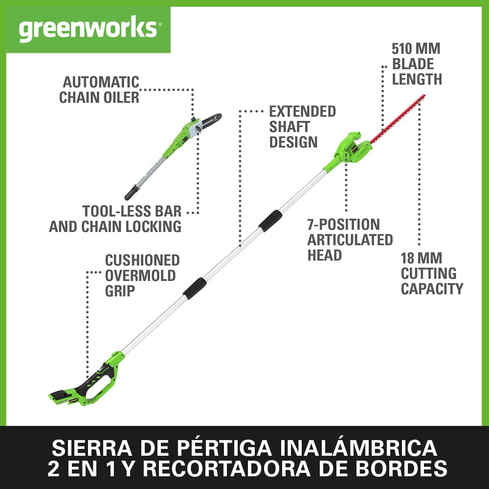 Greenworks G24PSHK2 2/1 Sierra y Cortasetos Pértiga a Batería, Correa Hombro, Barra Pértiga 20cm, Cortasetos 51cm, Cuchillas Doble Acción, Batería 24V 2Ah y Cargador, 3 Años de Garantía