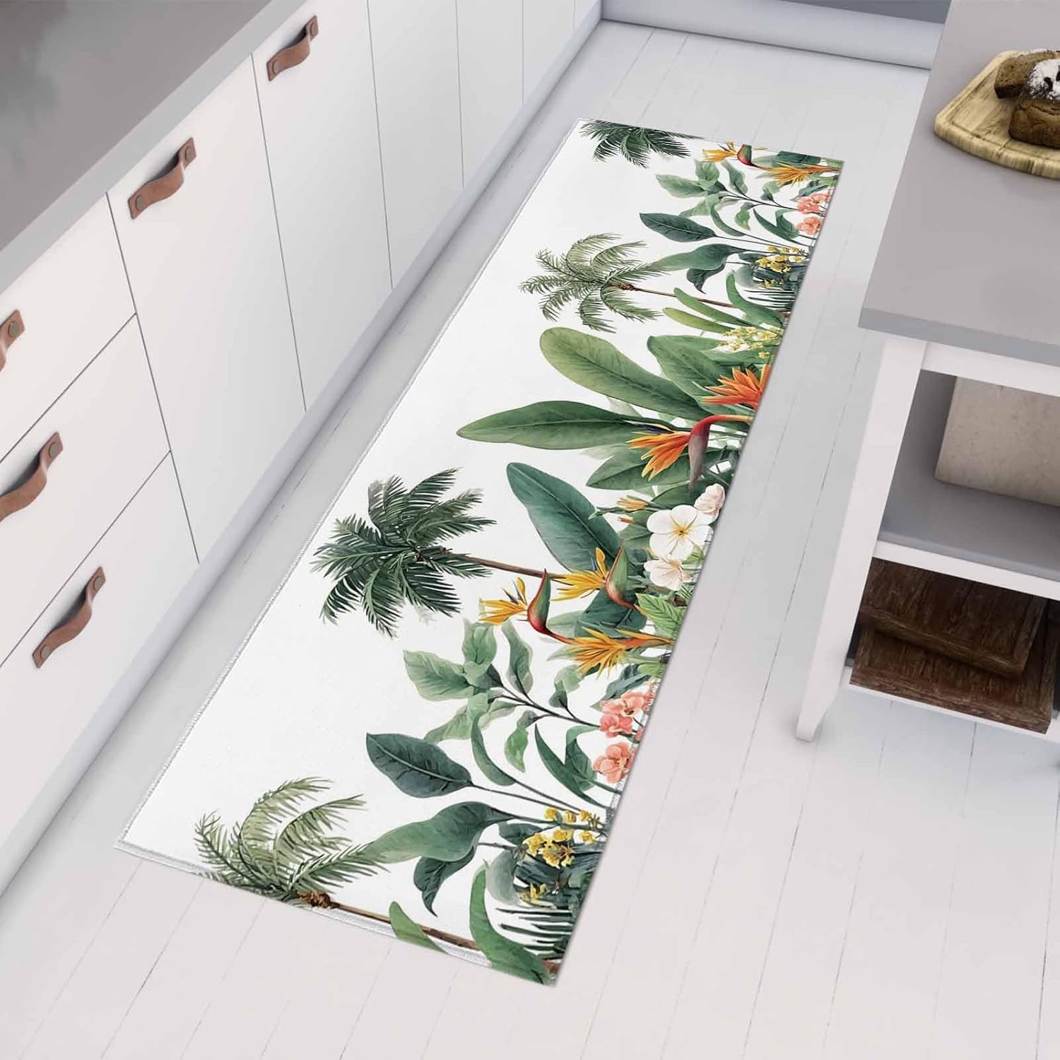 Teamery Kitchen Mats for Floor Tropical Plant Flower Coconut Tree Washable Non Slip Kitchen Rugs 1PCS, Summer Floral Leaves Absorbent Standing Mats for Sink Bathroom Office Living Room 23.6x70.9in
