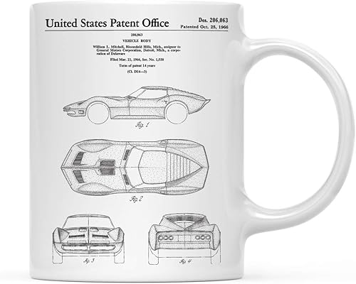 Andaz Press Taza de café con estampado de patente de 11 oz, diseño de aviones, trenes y automóviles, regalo de cumpleaños y Navidad, Corvette 1966
