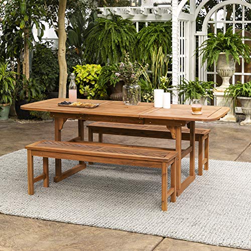 Walker Edison 6-8 Person Outdoor Wood Chevron Patio Furniture Dining Set Extendable Table Bench All Weather Backyard Conversation Garden Poolside Balcony, 3 Piece, Brown #TOP1