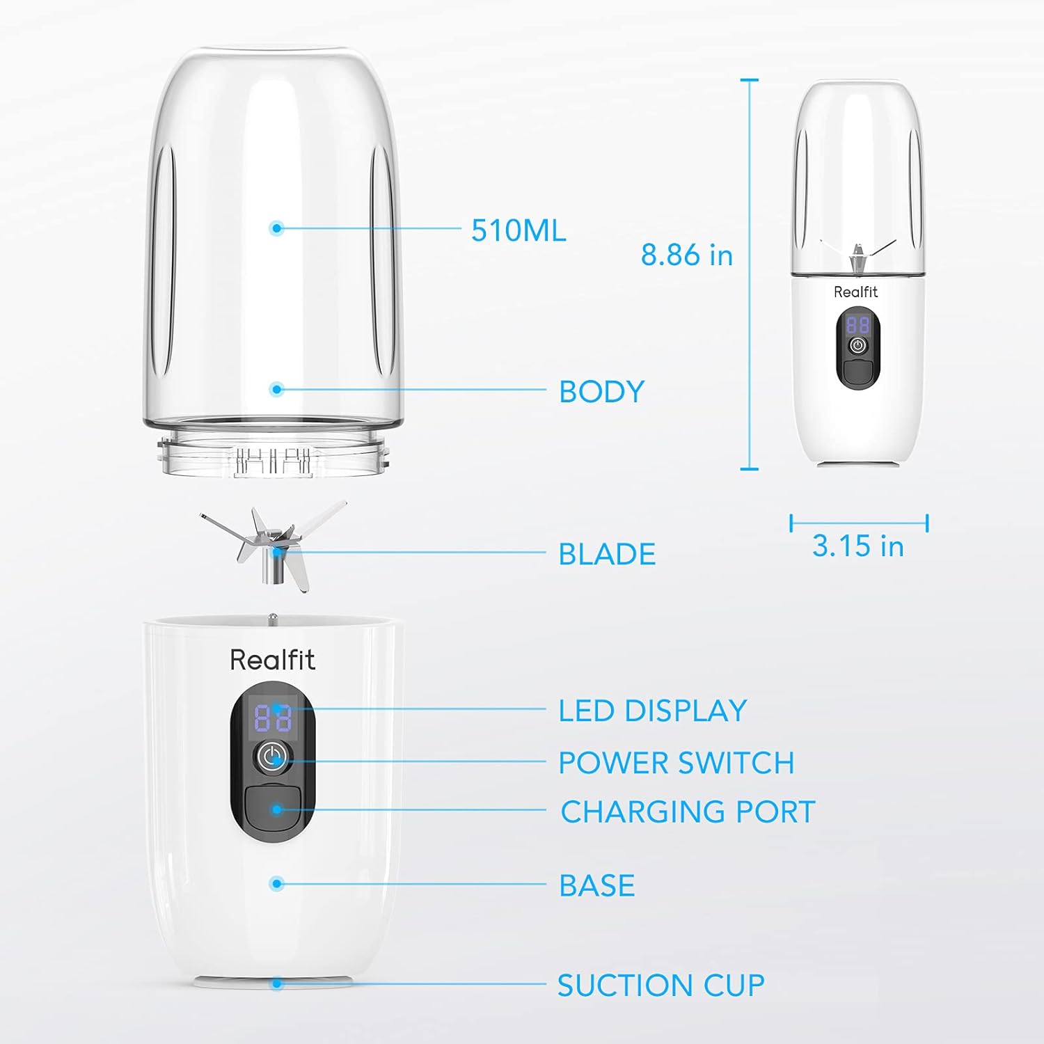 Portable Blender 17.5 Oz for Milkshakes and Baby Food, Realfit Mini Handheld Blender Bottles 4800mAh USB Rechargeable with Six Blades for Kitchen and Outdoor (White): Kitchen & Dining