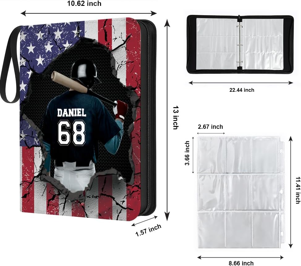 Custom Baseball Card Binder with Name & Number Holder Case for Sports Trading Cards, Zipper Album with Handle, Gifts for Baseball Players & Fans (#10)