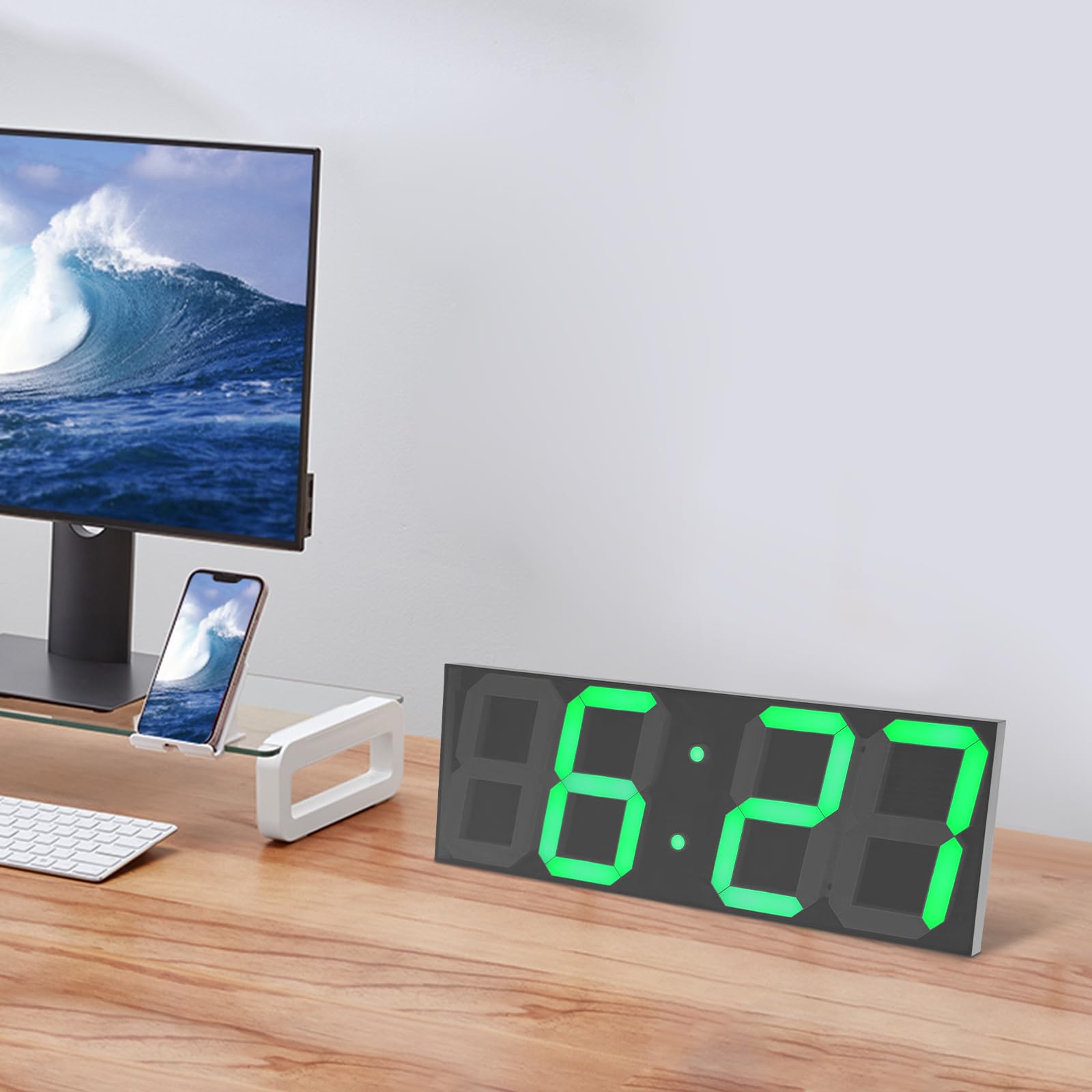 Digitale Wanduhr, Große LED Tischuhr mit Fernbedienung, Wecker mit Countdown-Timer Dimmfunktion Temperaturanzeige, 24/12-Stunden-Led für Wohnzimmern Küche Büros, 45 x 16 x 2.5cm (Grün)