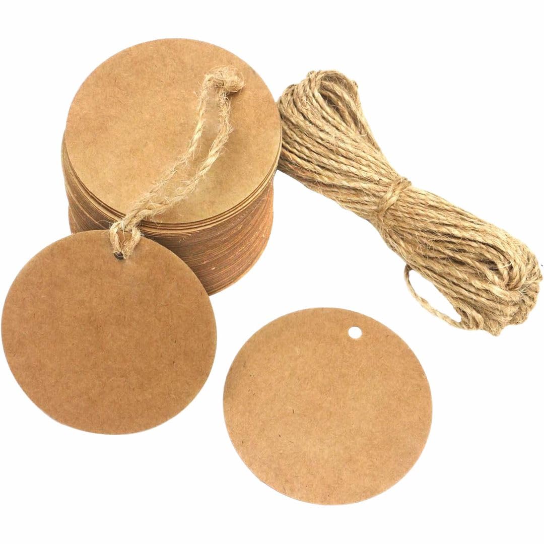 CVANU 50pcs Circle Shaped Brown Kraft Paper Double-Sided Writable Handmade Tag with Natural Jute Twine for Gift & Thanksgiving Tag (6cmX6cm)_A1