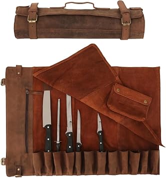 Vintage Crafts Genuine Buffalo Leather Knife Roll Organizer, Chef Knife Storage Bag with Carry Handle & Adjustable Buckles, Light Brown