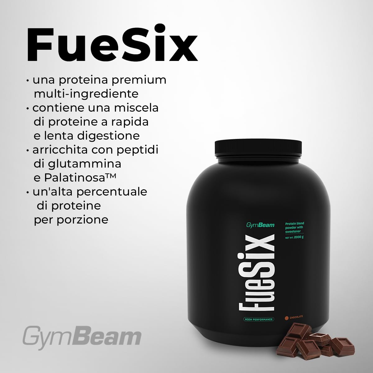GymBeam FueSix - Complesso Proteico Multicomponente Premium con 6 Proteine di Alta Qualità per Crescita Muscolare, Whey Protein Post Workout, Protein Shake per Atleti e Sportivi, Cioccolato