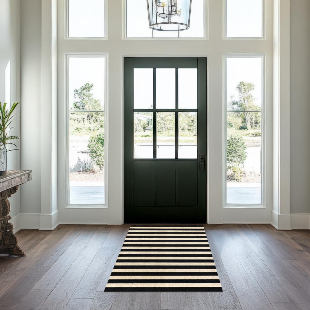 Wash + Dry Farmhouse Striped One-Piece Washable Runner with Rubber Backing, Indoor Rug Runner for Hallway, Entryway, Kitchen, Non-Slip Washable Rug,