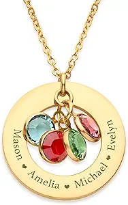 Custom Birthstone Necklace Personalized Necklaces with 1-6 Engraved Names & Birthstones for Mom Grandma Women Custom Family Jewelry Gifts for Christmas Birthday Mother's Day