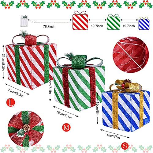 Christmas Decorations Lighted Gift Boxes,Light Up Gift Box For Indoor Outdoor Xmas Tree Party Holiday Decor (Max. Size 8.3" X 8.3") Artificial Christmas Decor 3-Piece Set Gift Boxes #TOP2
