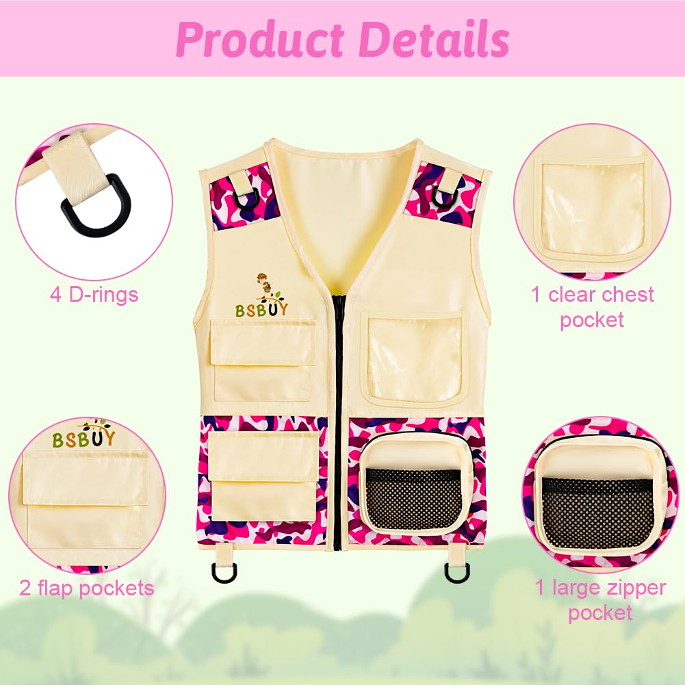Kit d'exploration Enfants, 4Pcs Costume Explorateur Extérieur Camouflage avec Filet à Papillons et Loupe, Kit de Aventurier Extérieur, Cadeau d'exploration Nature pour Garçon Fille, Rose - 3