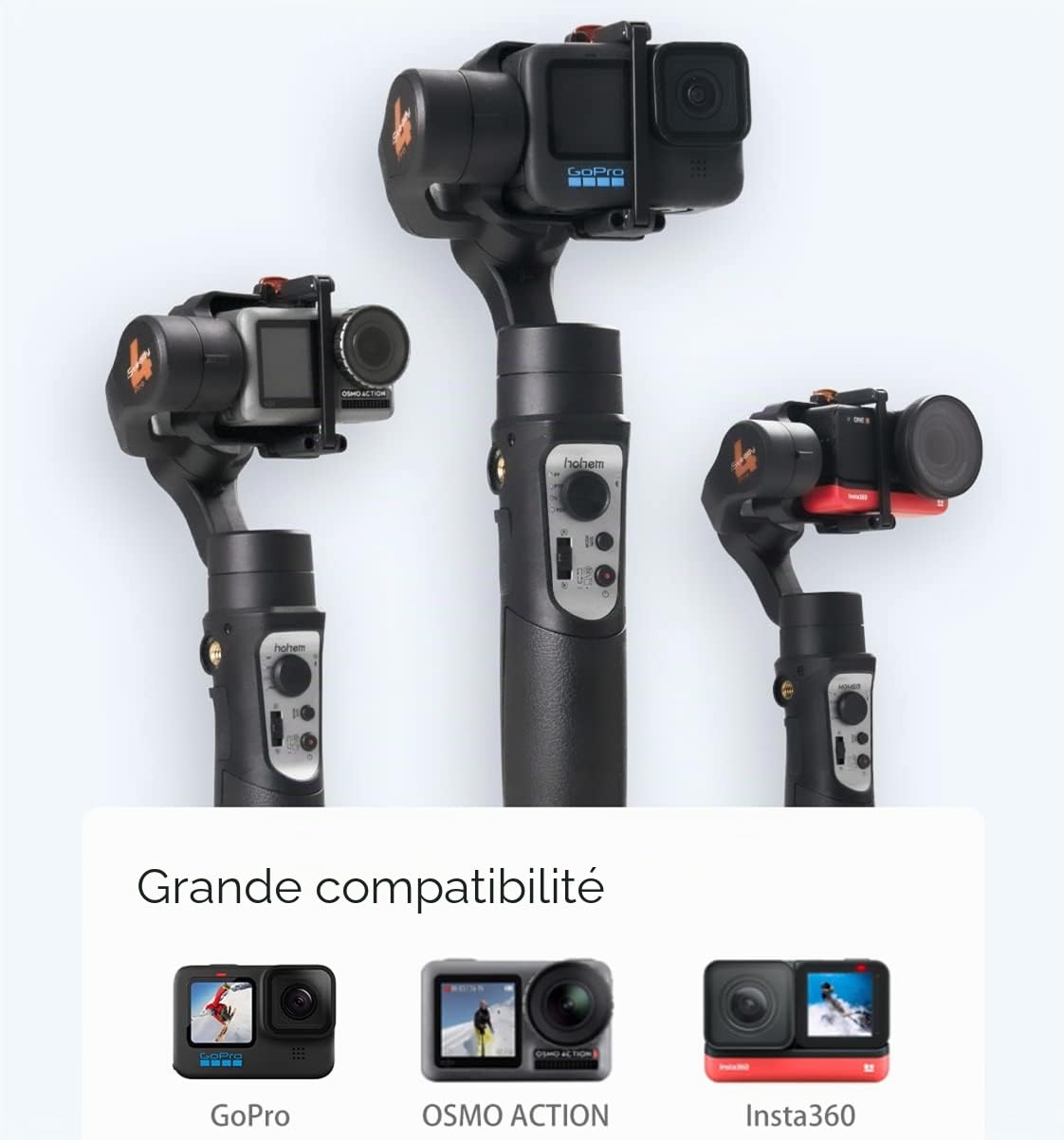 Hohem iSteady Pro 4 Caméra d'action Gimbal 3-Axe Stabilisateur anti-éclaboussures pour GoPro Hero 13/12/11/10/9/8/7/6/5/4/3,DJI OSMO Action,Insta360 ONE R,Sony RX0,Montage rapide,14 heures d'autonomie