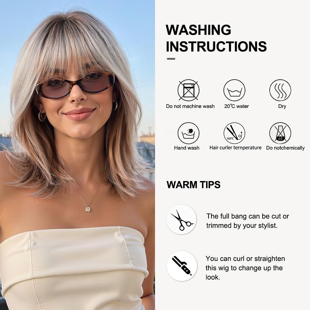 Perruques Blond Cendré pour Femmes Perruques Courtes Dégradées Et Lisses avec Frange Perruques En Cheveux Synthétiques pour Un Usage Quotidien Les Fêtes Ou Le Cosplay