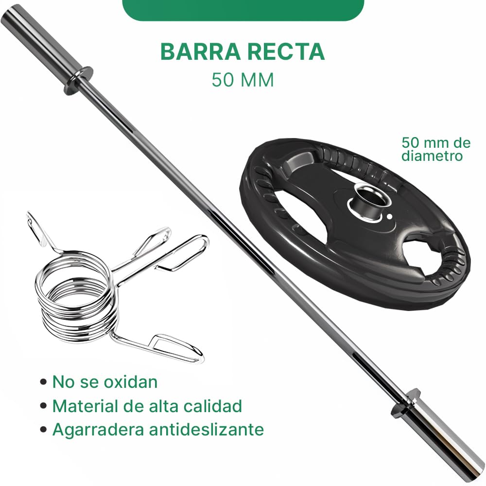 ManiBoom Barra Pesas RECTA 120 cm de 8,5kg para Discos y Pesas de Ø50mm - Barra de MUSCULACION para Biceps y Triceps Halterofilia Crossfit - Barra Gimnasio con Cierres de Resorte (120 cm - Recta)