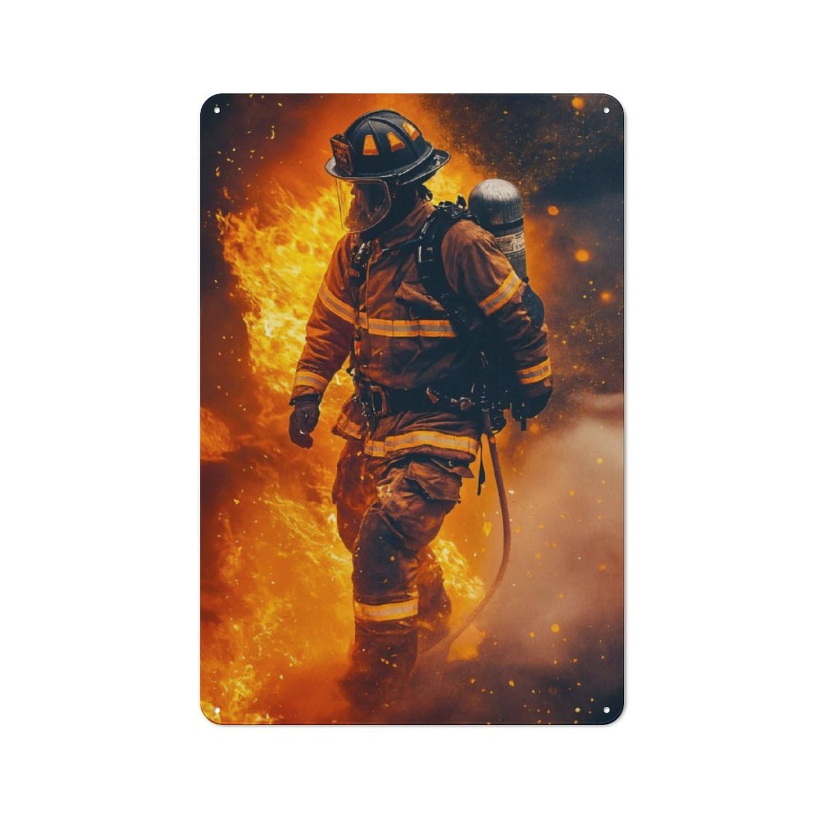 Junmoney Firefighter In Flames Tin Wall Plaque 30X20cm With For Garage Wall, For Collectors Of Retro Metal Wall Decor