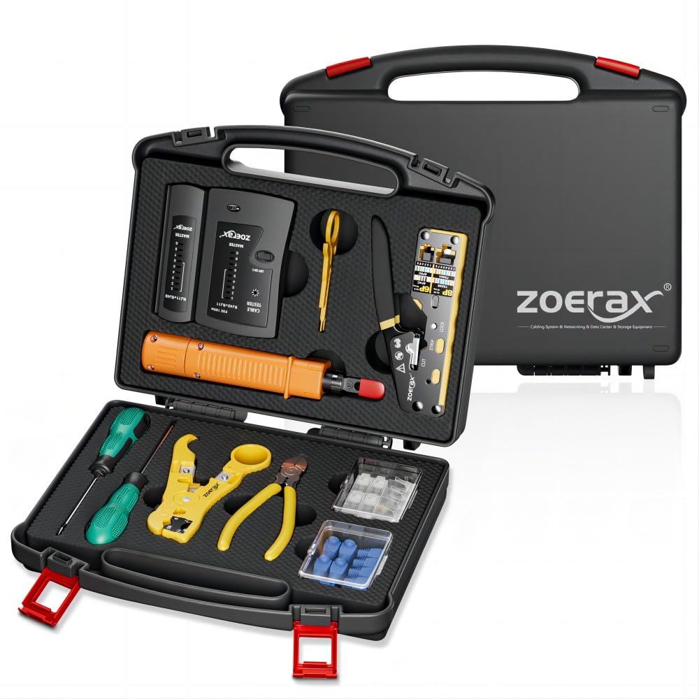Kit d'outils réseau 11 en 1 professionnel RJ45 – Pince à sertir, testeur RJ45, outil de poinçonnage 110/88, dénudeur, cutter, connecteurs et bottes Cat6