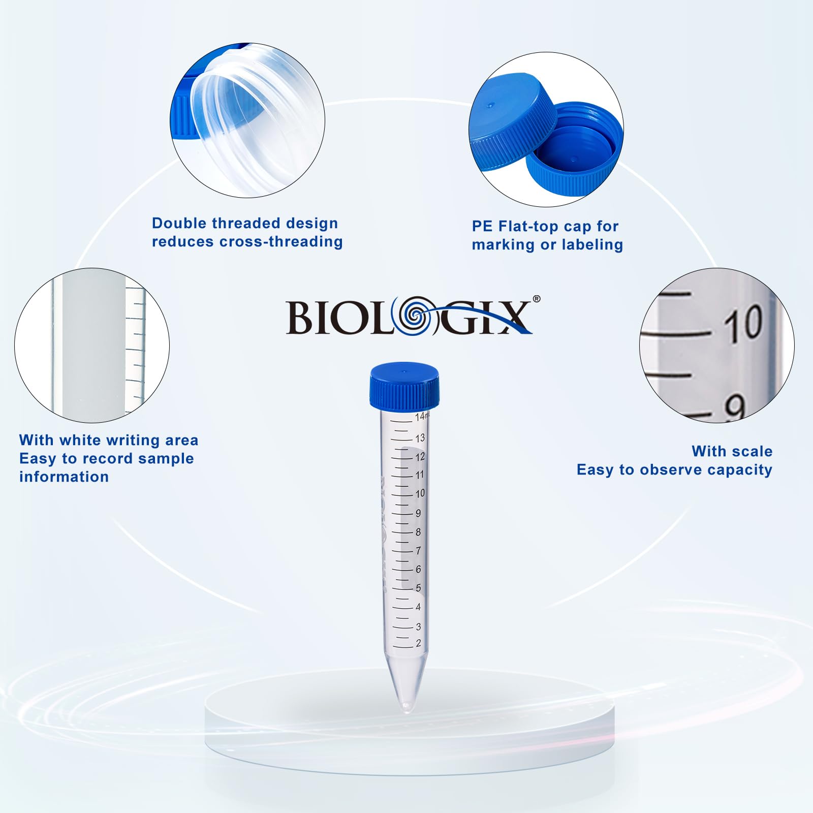 Provette coniche per centrifuga da 15 ml, 100 provette in polipropilene con tappi piatti in polietilene, 12000 RCF, contenitore in plastica con area graduata e scrittura, pacchetto rack, non pirogeno