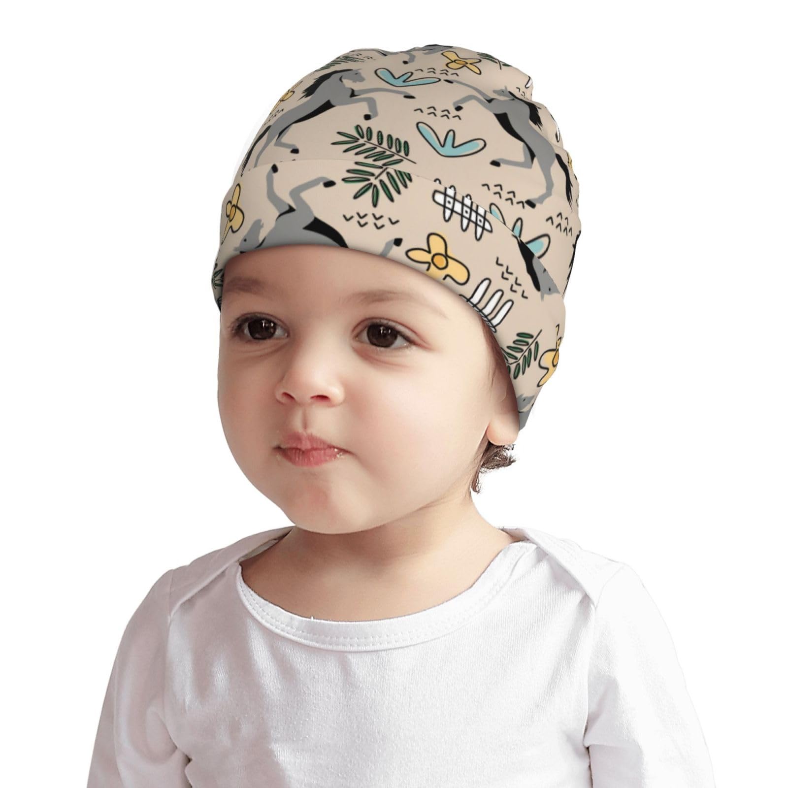 Rqzwdq Cartoon Horse and Flower Pattern Kids Beanie Hats Warm Knit Beanie Cap Skull Caps Gifts Decor for Boys Girls White