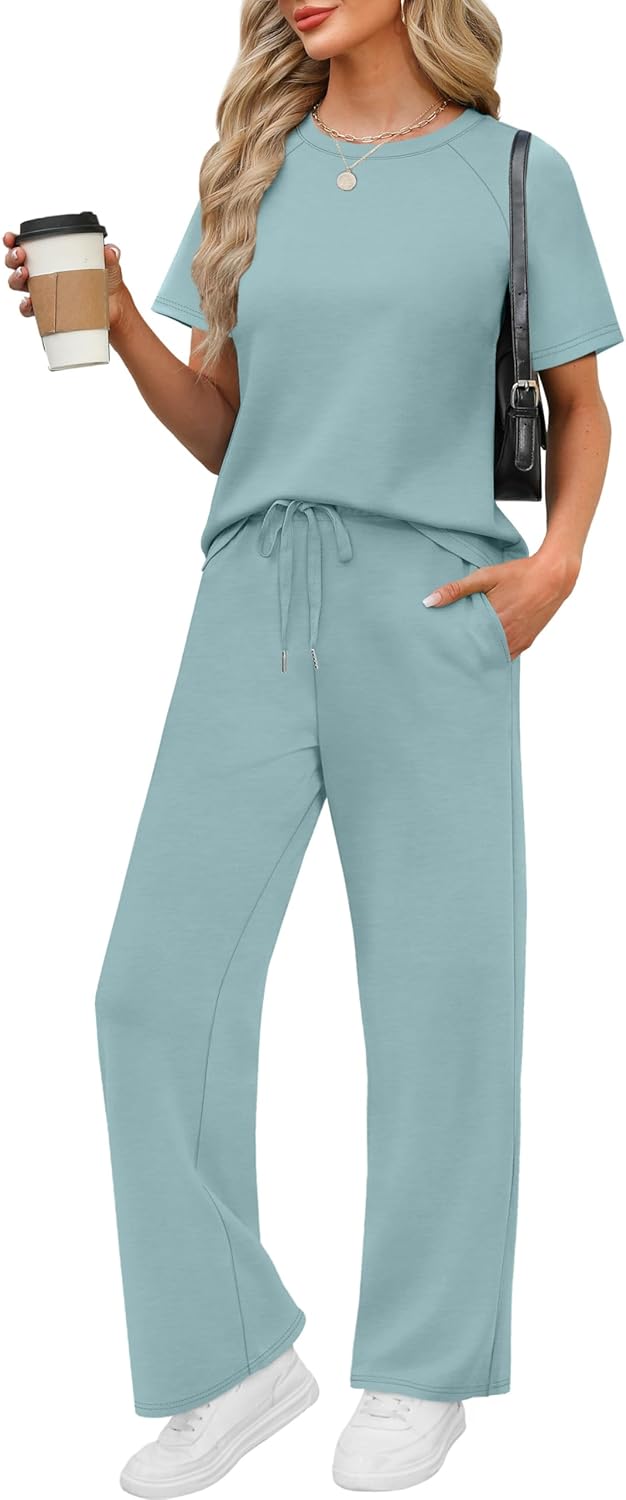 WIHOLL 2 Piece Sets for Women Resort Wear Travel Vacation Outfits Summer Short Sleeve Lounge Sets