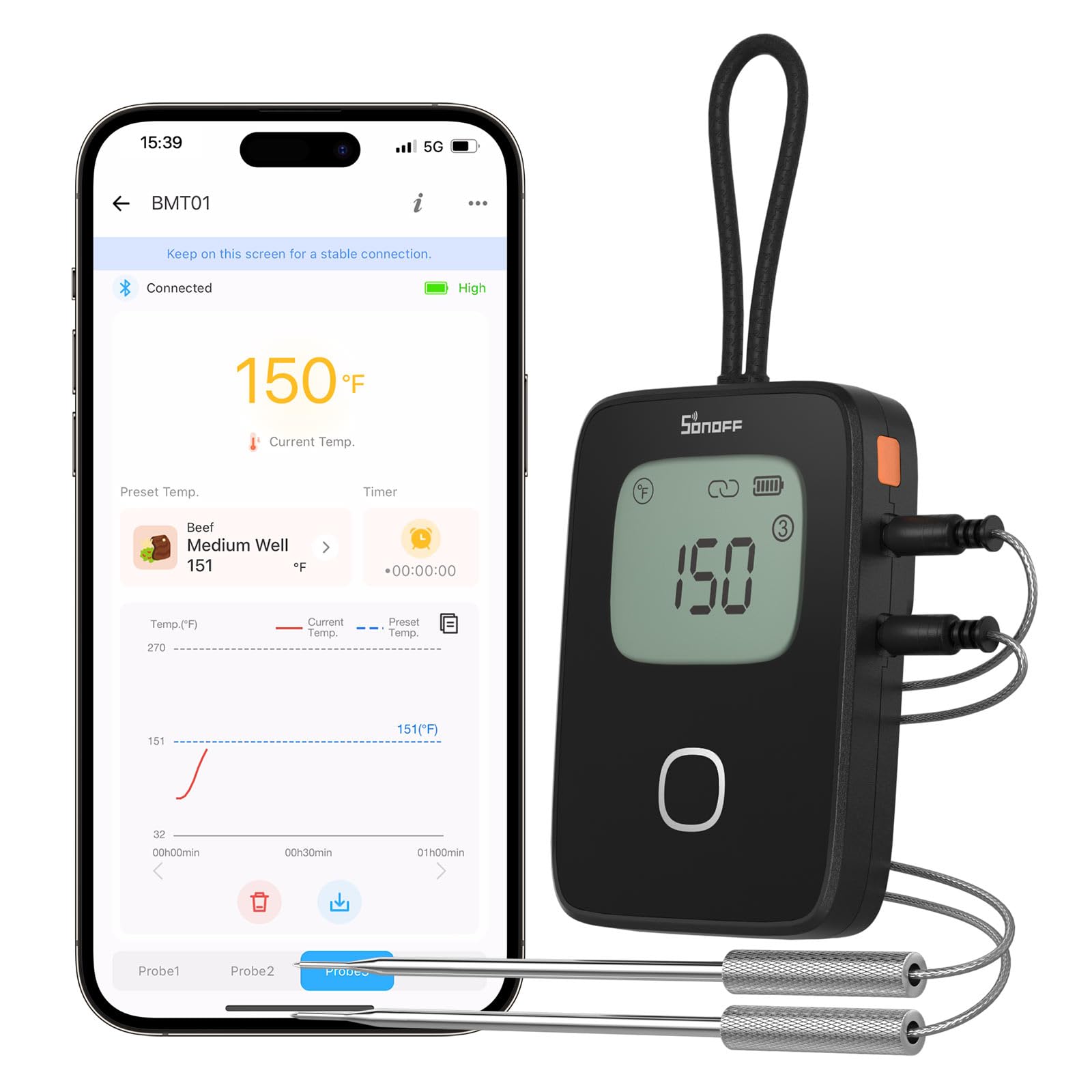 SONOFF BMT01 termometro da cucina a doppia sonda, sonda carne per barbecue, Display LCD con Lettura Istantanea, Timer e Allerta Preimpostata, Adatto per BBQ, Grigliate, Cottura e Forno.