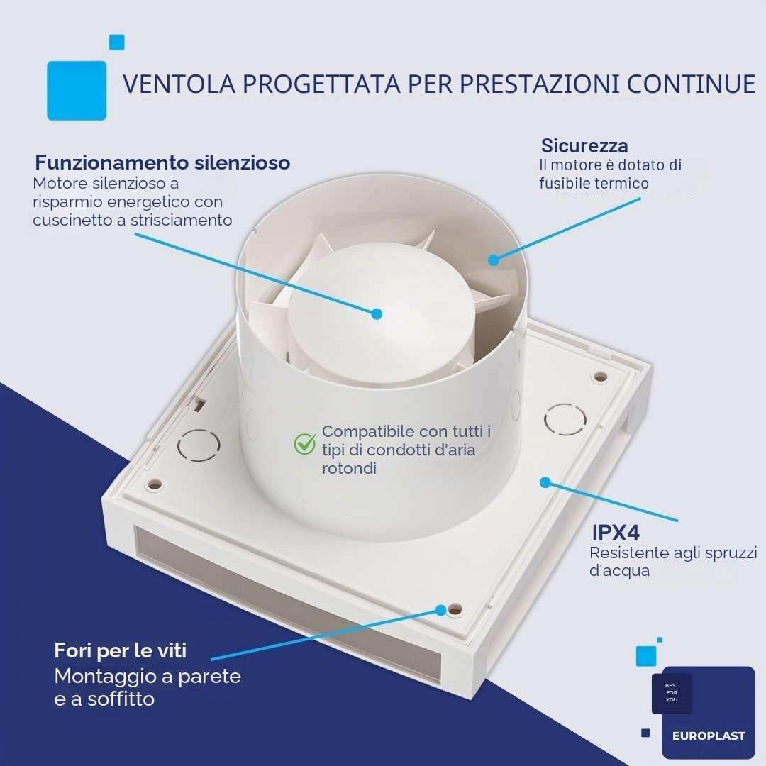 EUROPLAST Ø 100mm Aspiratore Bagno con Timer e Sensore di Umidità - Ventola Aspirazione Bianca - Estrattore Aria - Ventilatore da Parete per Cucina, Garage, WC