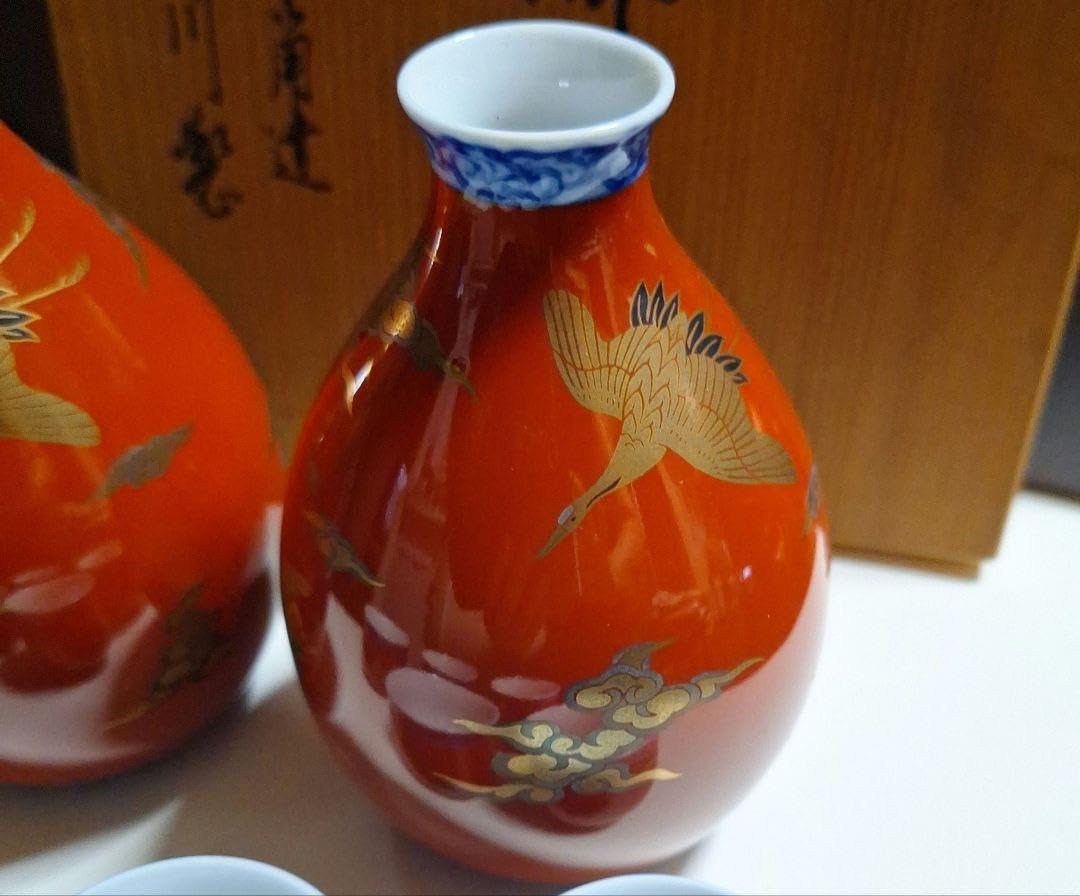 深川製磁 慶びの器 宮内庁御用達 有田焼 染錦手波鶴紋 赤絵金彩 茶器
