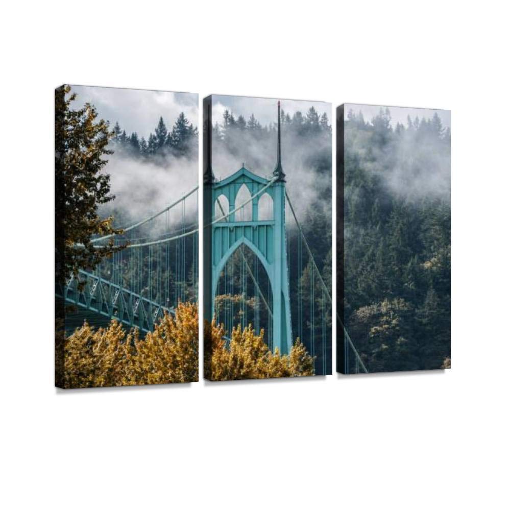 BELISIIS Autumn at The st Johns Bridge, Portland Oregon Misty citys and Wall Artwork Exclusive Photography Vintage Abstract Paintings Print on Canvas Home Decor Wall Art 3 Panels Framed Ready to Hang