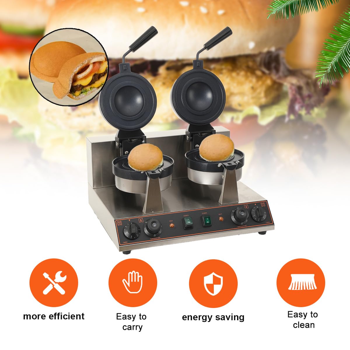 Elektrische UFO-Burger-Presse, 2600W Kommerzielle Doppelkopf-Burger-Maker | Eiscreme-Burger-Maschine, Antihaft-Hitze-Presse-Maschine, schnelle Erwärmung, für Haus Snack-Bar usw