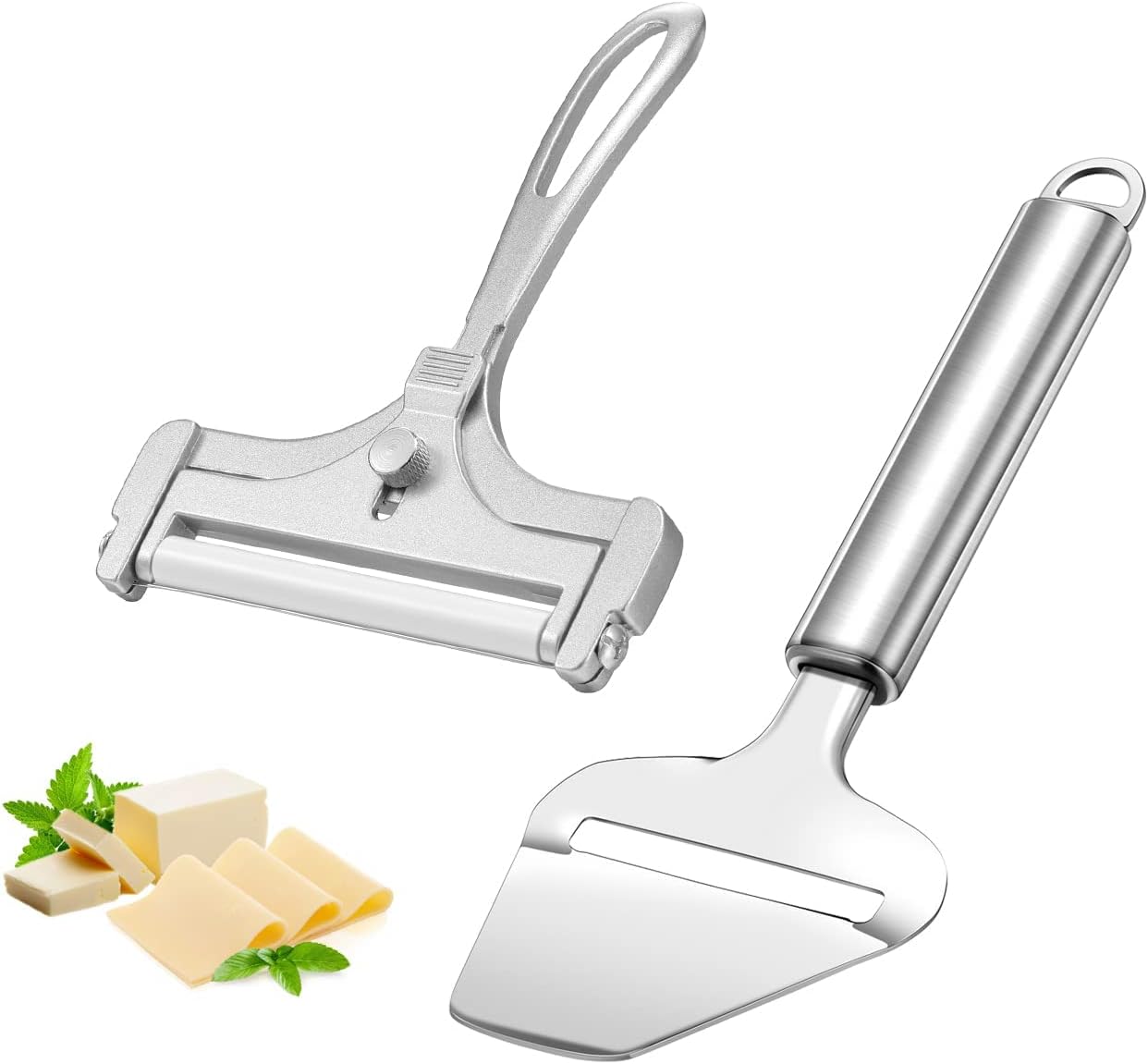 Cheese Slicer Set - 2 PCS Butter Cutter With Wire and Plane, Adjustable Thickness Scraper Server for Soft, Semi-Hard, Hard Cheeses - Stainless Steel Kitchen Cooking Tool