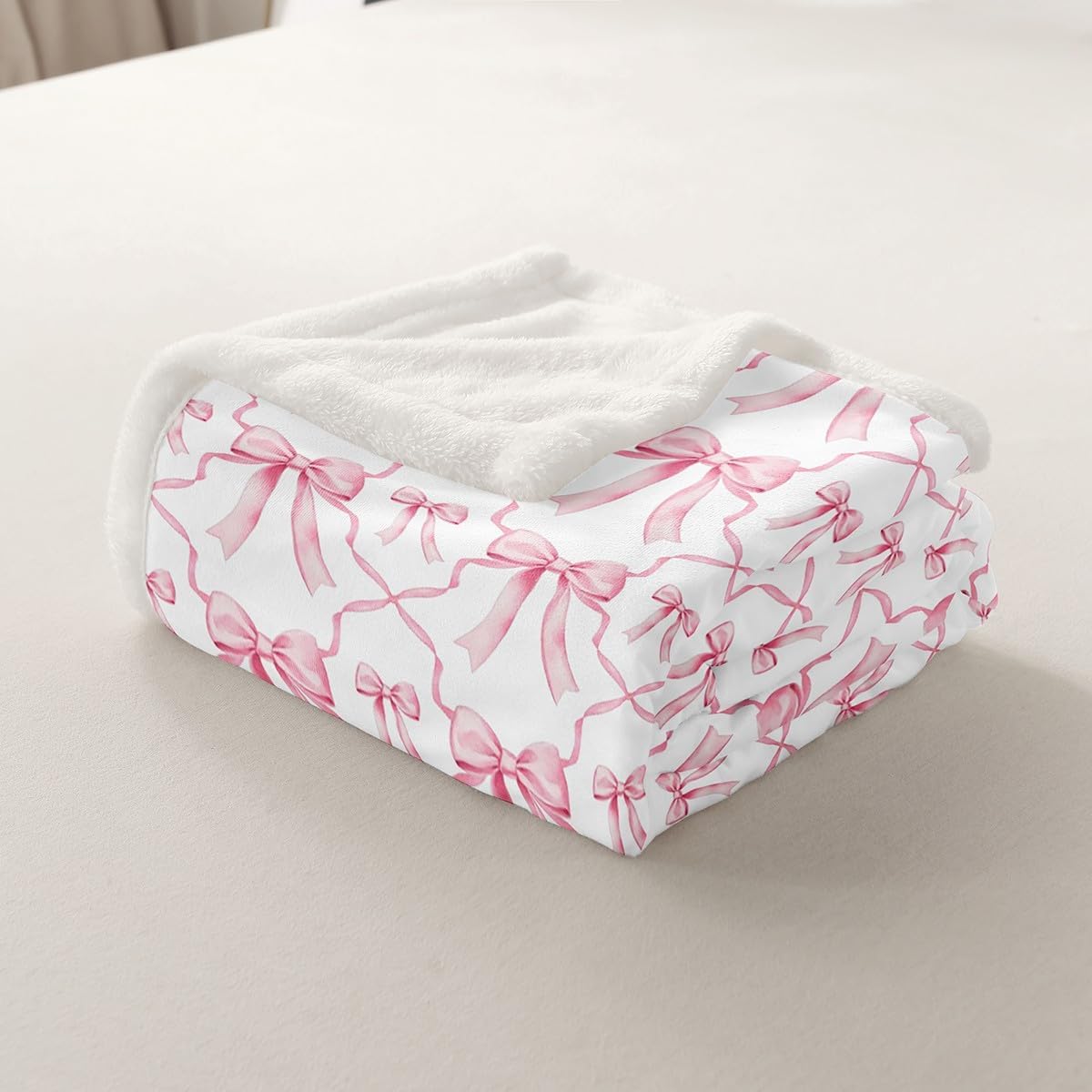 Erosebridal Cute Bow Throw Blanket for Kids Bed Pink Kawaii Bowknot Girls Queen 90"X90" Fleece Blanket Watercolor Bow Tie Patchwork Pink White Sherpa Blanket Geometric Check Bow Fuzzy Blanket