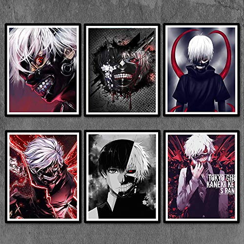 Tokyo Ghoul Kaneki Mask Ken Blood Hunter Japanese Original Anime Wall Art Prints,No Frameï¼Œ8x10 inch,Set of 6