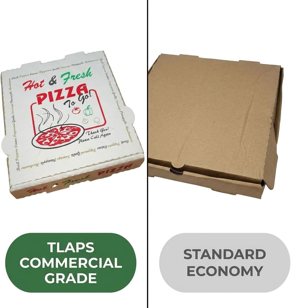 7x7 White Cardboard Pizza Box 50 Pack Commercial 4-Color Print Hot & Fresh for Pizzerias, Bakeries, Catering
