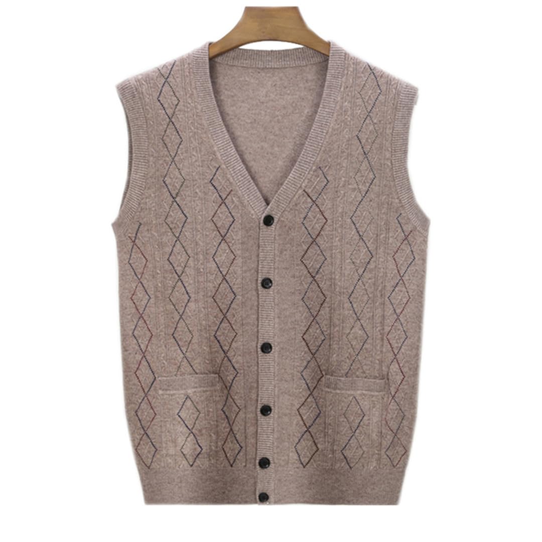 Chaleco de punto de lana para hombre, con botones, suéter básico, cárdigan, bolsillos, sin mangas, para otoño e invierno, cuello en V