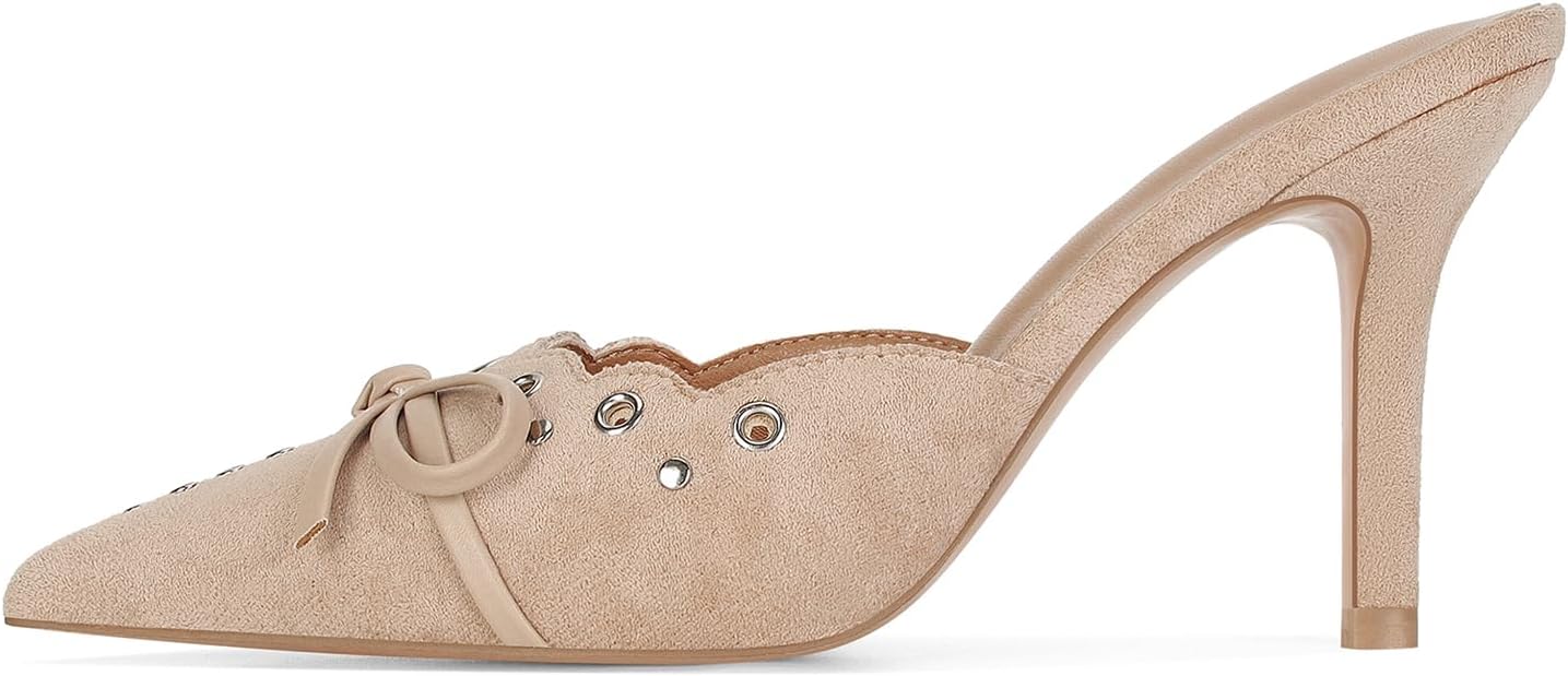 DOEYG Women Pointed Toe Bow Heels Mules Slip on Stiletto Heels Sandals Dress Party Wedding Studded Heels Pumps - Image 7