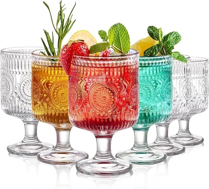 Vintage Goblet Glasses Set, 210 ml Wine Glasses, Embossed Floral Glass Cups Set, Drinking Glasses Set for Juice, Cocktail, Wine, Party, Bar (6)
