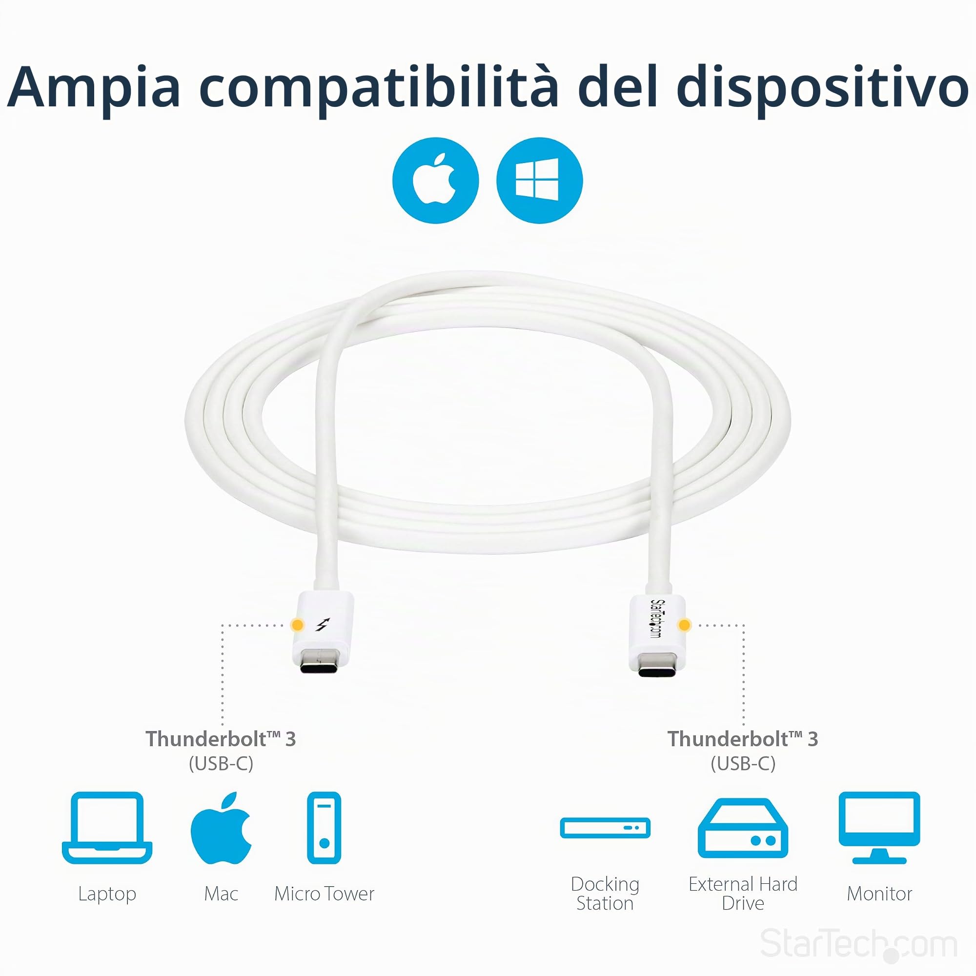 StarTech Cavo Thunderbolt 3 Passivo da 2m, 20Gbps, 100W PD, 4K, Bianco | Compatibile con USB 3.2, Ideale per Monitor 4K e Trasferimento Dati