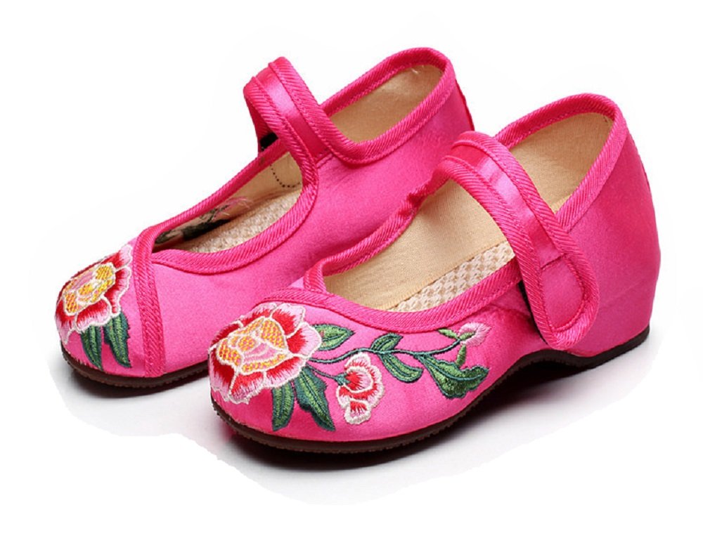 Tianrui Crown Girl's Embroidery Flat Ballet Cloth Shoes Kid's Mary-Jane Dance Shoe Sandal Rose Red